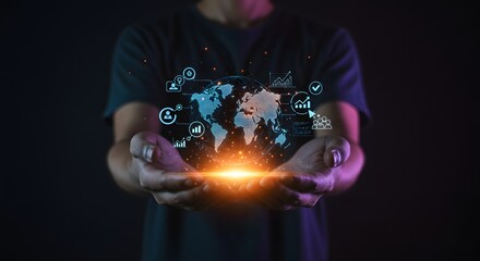 Global Business and Technology Concept: Hands Holding a Digital Globe