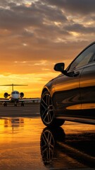 Luxury car parked near a private jet at sunset, vertical image
