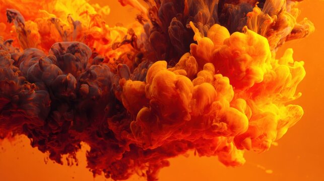 Thick clouds of orange and gray smoke swirl together, creating a dynamic and colorful display. The vibrant backdrop enhances the dramatic effect of the movement and color mix.