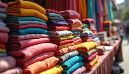 Stacks of colorful folded apparel display vibrant hues at an outdoor market stall. Varieties of casual attire and textiles are neatly arranged, suggesting a lively shopping and retail environment.