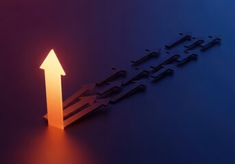 Glowing orange arrow leading a group of dark arrows upwards
