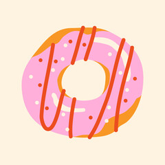 Donut with pink icing and confectioners sprinkles on light background; top view; cute simple vector hand drawn illustration, drawing, flat style