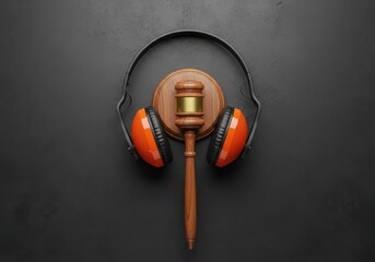Gavel with headphones symbolizing legal audio or justice