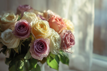 Elegant bouquet of pastel roses in sunlight near a window with soft shadows and a delicate atmosphere