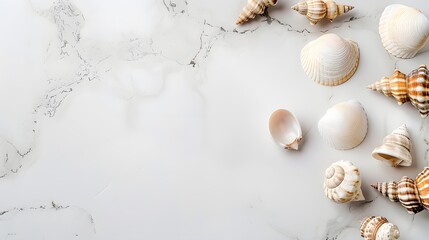 Obraz premium Assorted sea shells on white marble background, summer beach decoration, coastal style, marine collection, copy space, top view, flat lay