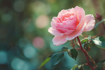 Pink rose in full bloom with green leaves and dreamy colorful bokeh in soft natural light