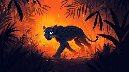 The jungle is silent, and a sleek black panther prowls stealthily through the underbrush, its silver eyes shining.
