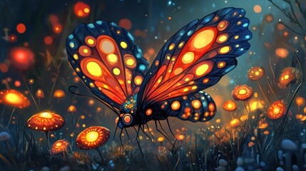 The moth's wings, decorated with mysterious symbols, reflect the light of the shining mushrooms as it floats in the darkness.