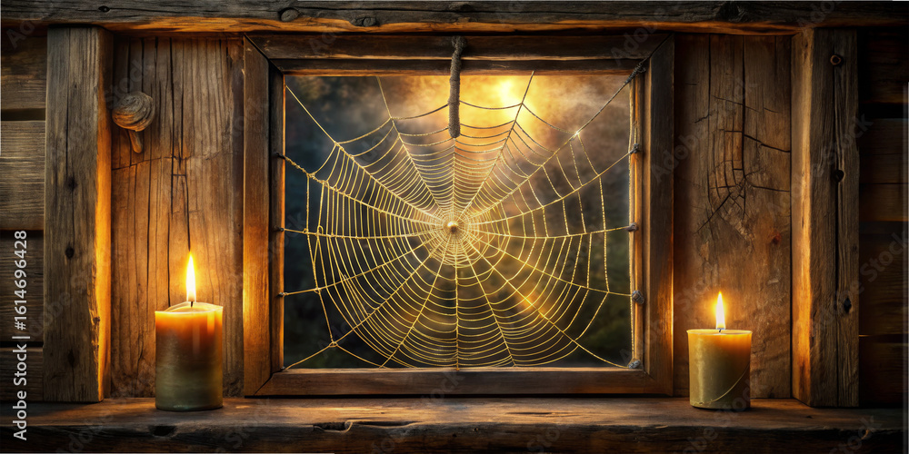 Poster soft candlelight flickers beside a wooden window that showcases an intricate spiderweb. the warm glo
