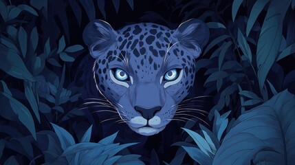 The panther's bright silver eyes pierce through the darkness as it silently moves through the dense foliage of the jungle.