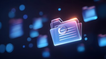 Digital folder with magnifying glass icon, data search, file management, online archive, cloud storage, cybersecurity, futuristic technology