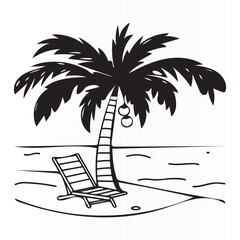 summer vector illustration sea beach palm trees, chair and beach umbrella summer vintage t shirt design ,mug design, poster design	