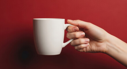 Hand Holding White Mug on Red Background for Coffee Advertisement Morning Routine Lifestyle Blog or Product Marketing Visual