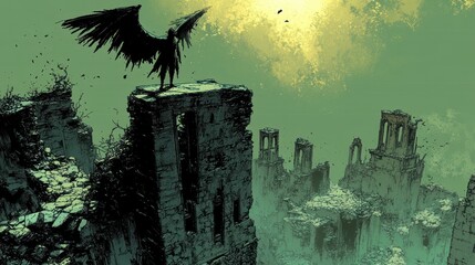 The shadowy figure with fog-like wings stands silently atop the crumbling mountain, overlooking the ruined landscape below.