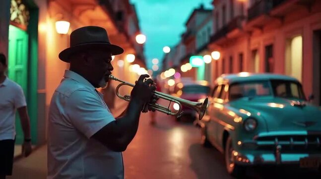 Jazz Musician Playing Trumpet on Historic City Street at Night