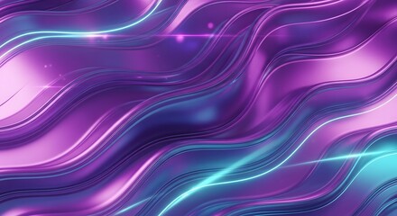 Futuristic holographic background, neon purple and cyan, glossy metallic texture, fluid waves and light flares, high-resolution abstract design