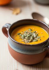 A warm bowl of pumpkin soup with seeds