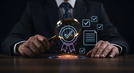 Quality Assurance and Certification Concept: Businessman Inspecting with Magnifying Glass