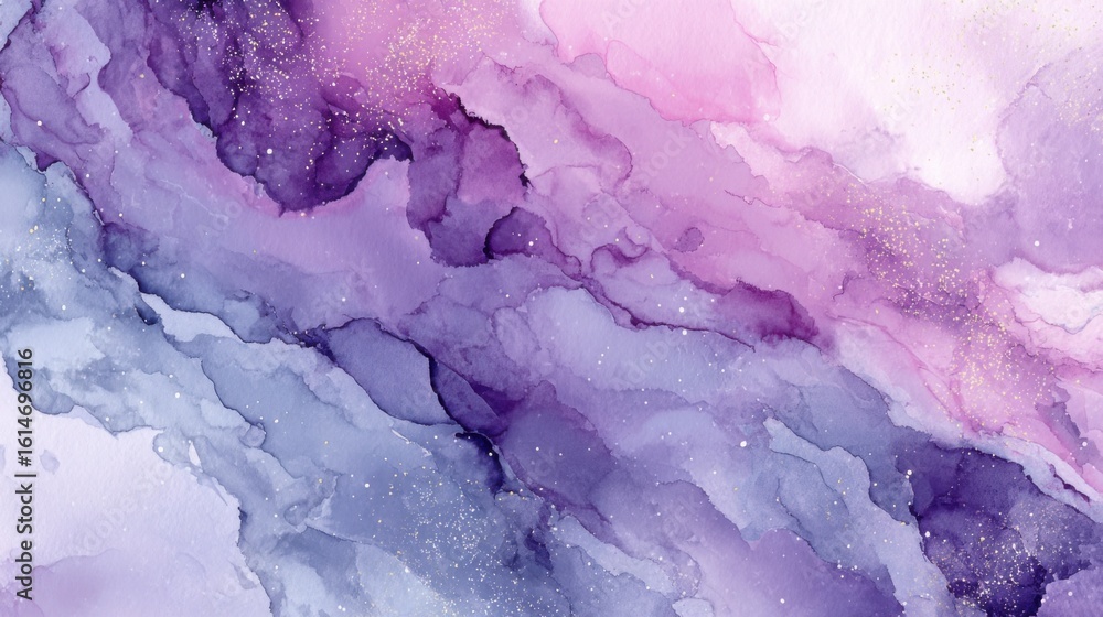 Poster swirling patterns of violet, lavender, and soft pink create an ethereal backdrop with hints of shimm