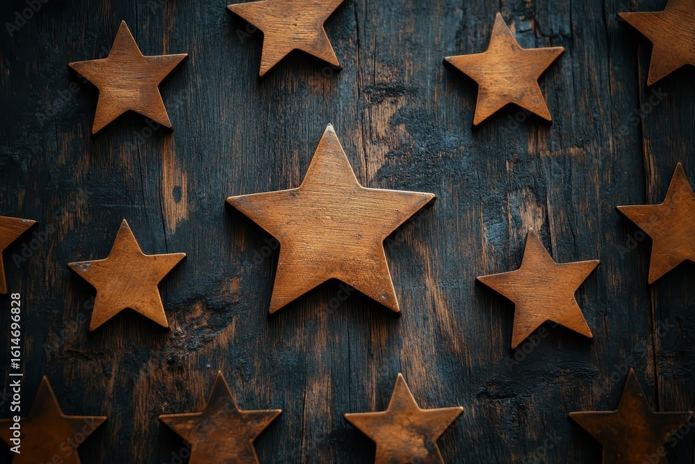 Aufkleber decorative wooden stars arranged on a rustic background creating a visually appealing pattern, stars