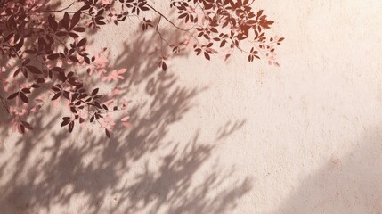 Delicate pink leaves frame a light-colored wall, their shadows dancing softly against the surface as sunlight filters through, creating a serene ambiance.