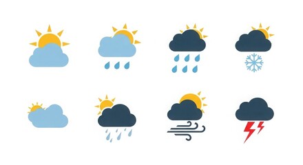 Collection of weather icons featuring sun clouds rain snow wind and lightning in a silhouette style