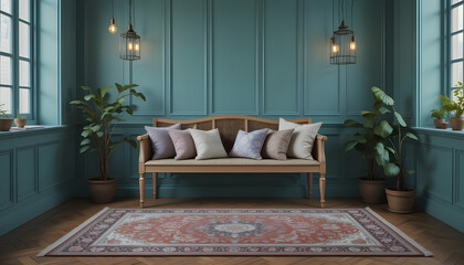 A teal room with a wooden bench with pillows and a rug and plants and pendant lights hanging above