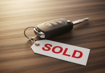 A car key with a sold tag rests on a wooden surface