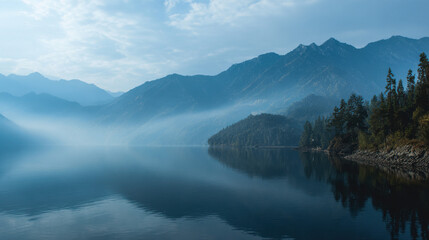 Scenic Misty Lake with Mountains and Pine Trees in the Background for Nature Blog Travel Poster Wallpaper or Relaxation Content