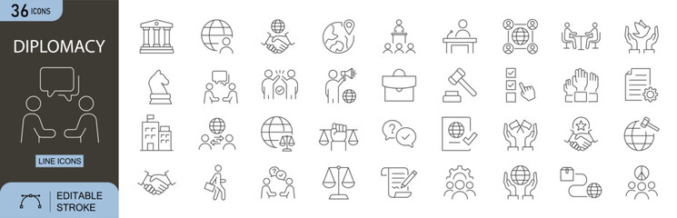 Diplomacy icons set. Includes icons for handshake, negotiation, agreement, embassy, peace, flag, document, communication, and international relations. Perfect for business and politics.