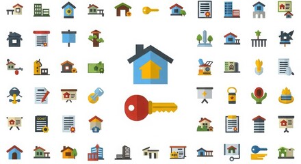 Collection of diverse real estate and property icons representing homes buildings and keys silhouette