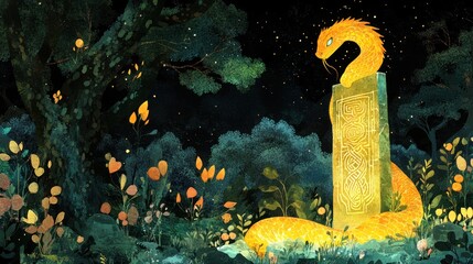 With its glowing emerald scales, the snake winds around the stone obelisk, the mysterious runes casting a faint light in the ancient forest.