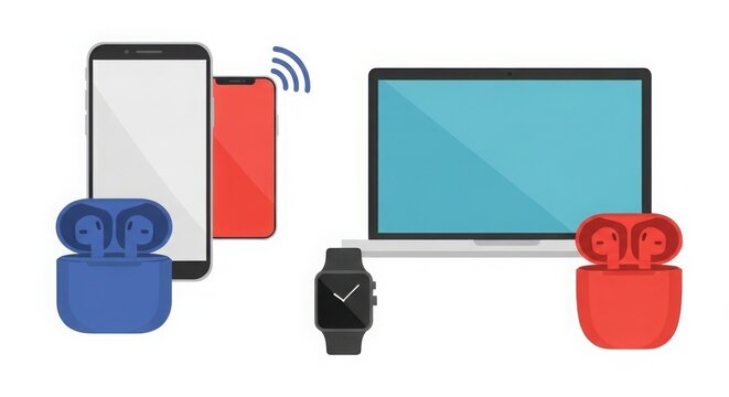 Modern technology devices including smartphones laptops and wireless earbuds connected wirelessly in a clean digital illustration silhouette