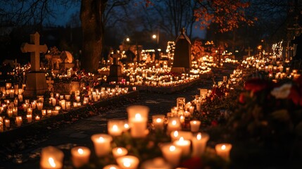 Serene Cemetery at Dusk Illuminated by Countless Candles in Remembrance