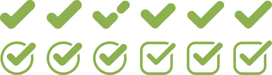 Collection of Olive Green Check Mark Icons in Circle and Square Isolated on White