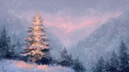 Glowing Christmas tree, magical xmas winter wonderland, ethereal holiday spirit, enchanted celebration