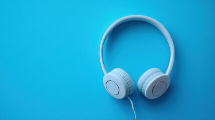 White Headphones on Solid Blue Background for Music App Mock up Podcast Branding Tech Product Advertisement or Youth Content