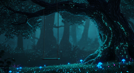 Obraz premium Magical night in an enchanted forest with a solitary swing under a large tree surrounded by glowing mushrooms