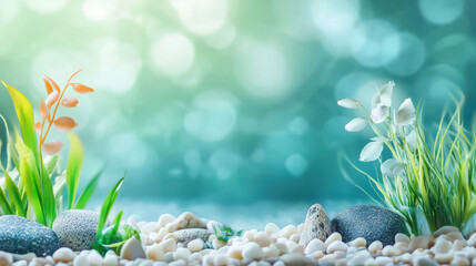 Underwater Aquarium Scene with Pebbles Plants and Blue Light for Aquatic Background Nature Design or Pet Product Promotion