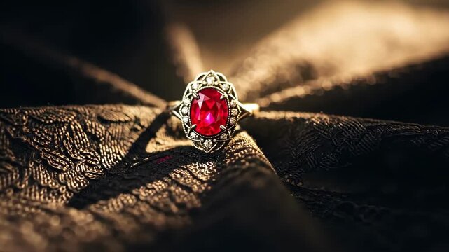 Elegant red ruby ring with diamonds on fabric, jewelry, gemstone, luxury.