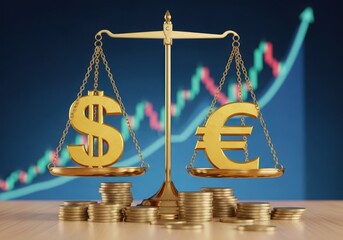 Dollar and euro symbols on a scale with coins