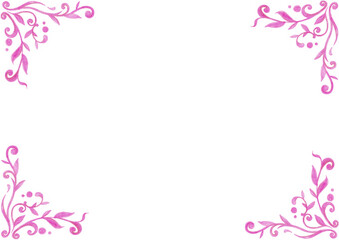 Frame. In each corner of the background there are patterns consisting of curls, leaves, circles. Different shades of pink. Gradient. Drawing with colored pencils. White copy space. Invitation, card.