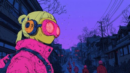 Raindrops trickle down her translucent coat as the cyberpunk girl scans the bustling street, her cyber eye glowing as it tracks the shifting figures around her.