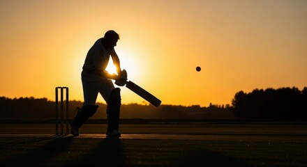 Cricket batsman in action during a vibrant sunset captured in a striking silhouette against the warm golden sky