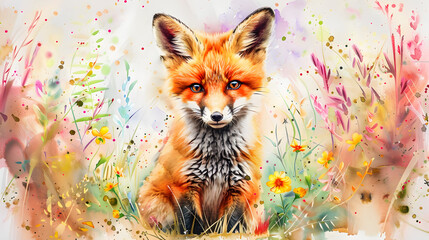 watercolor painting of a cute baby fox with flower