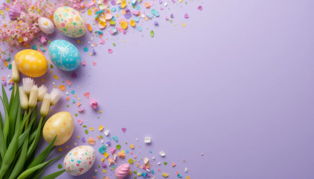 Colorful Easter eggs in various patterns rest beside fresh spring flowers. Vibrant confetti adds a festive touch to the lilac surface, creating a cheerful atmosphere for the holiday