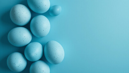 Speckled blue eggs rest on a smooth light blue surface, highlighting their distinctive patterns and colors in a serene arrangement. The scene captures a minimalist aesthetic