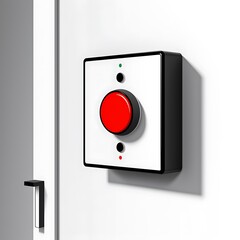 Emergency push button in red with black and white casing on minimal background