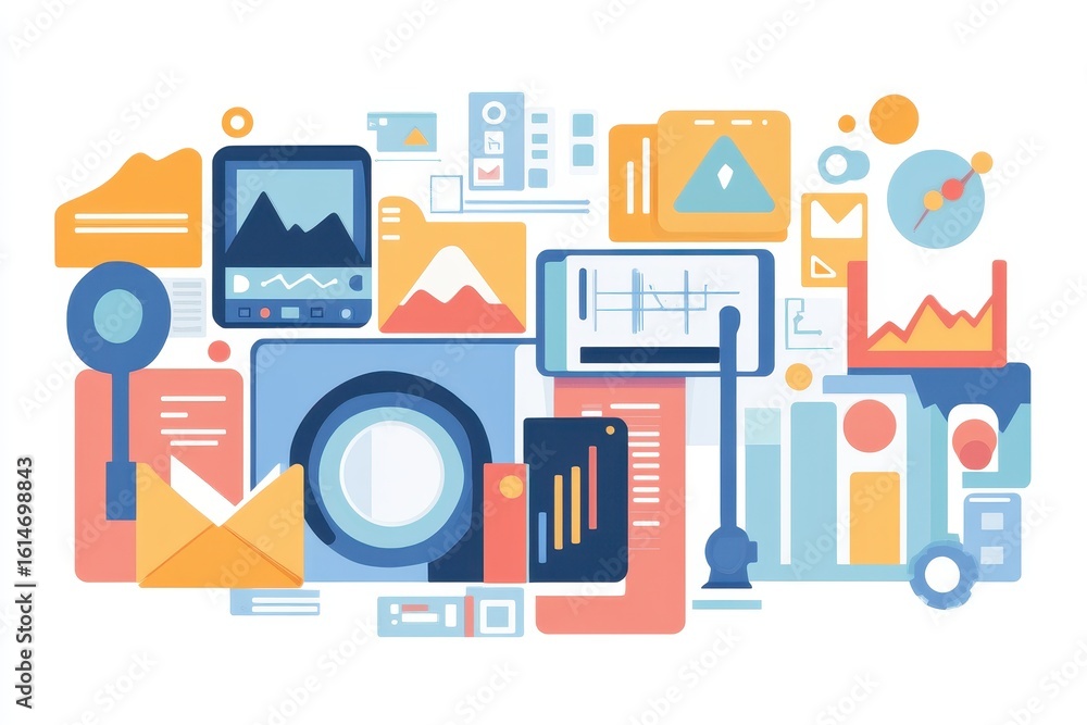 Poster media icons display over data processing and analysis tools in a dynamic layout, media icons over da
