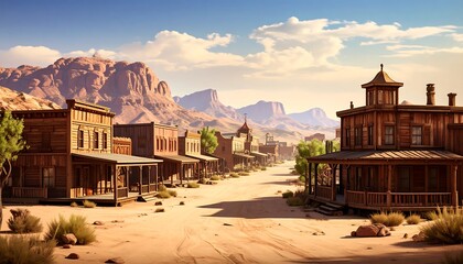 A sun-drenched desert town street, flanked by wooden buildings and rocky mountains under a partly cloudy sky